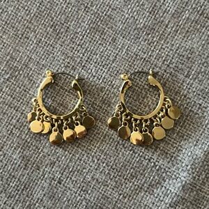 Gold Tone Hoop Earrings with Dangling Disc Charms
